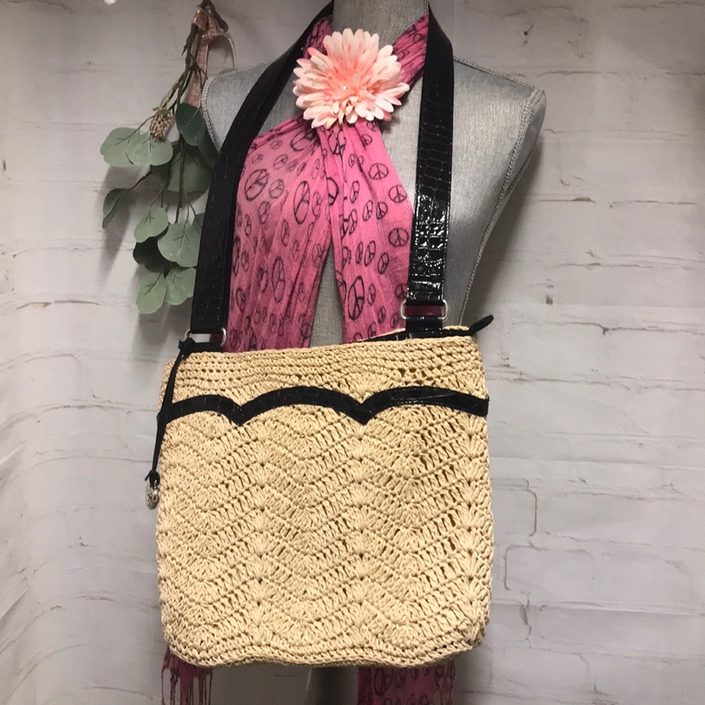 BRIGHTON SHOULDER PURSE black Alligator Leather & Crochet Raffia zip 3 pockets
